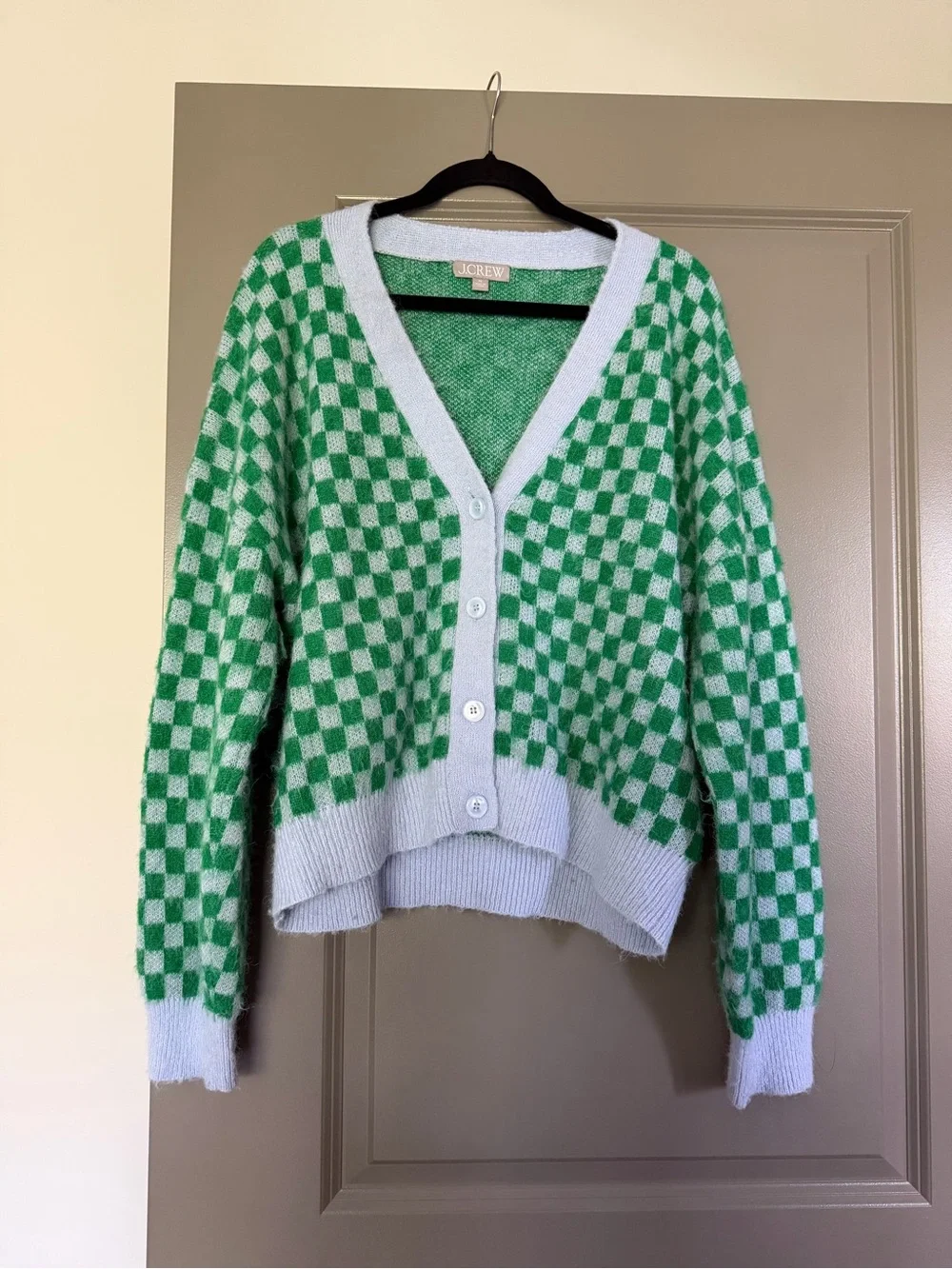 J. Crew Green and Light Purple Checkerboard Button-Front Cardigan